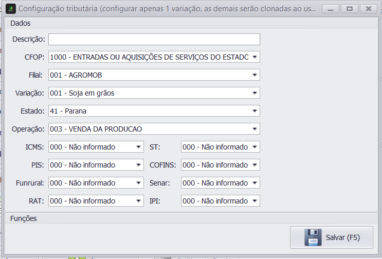 Configuração Tributária por Operação